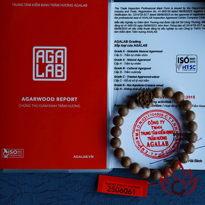 Vòng Trầm Hương Hạt Tròn | Charm Hoa Sen | 8 ly | Trầm Tốc Kiến Tự Nhiên Lâu Năm